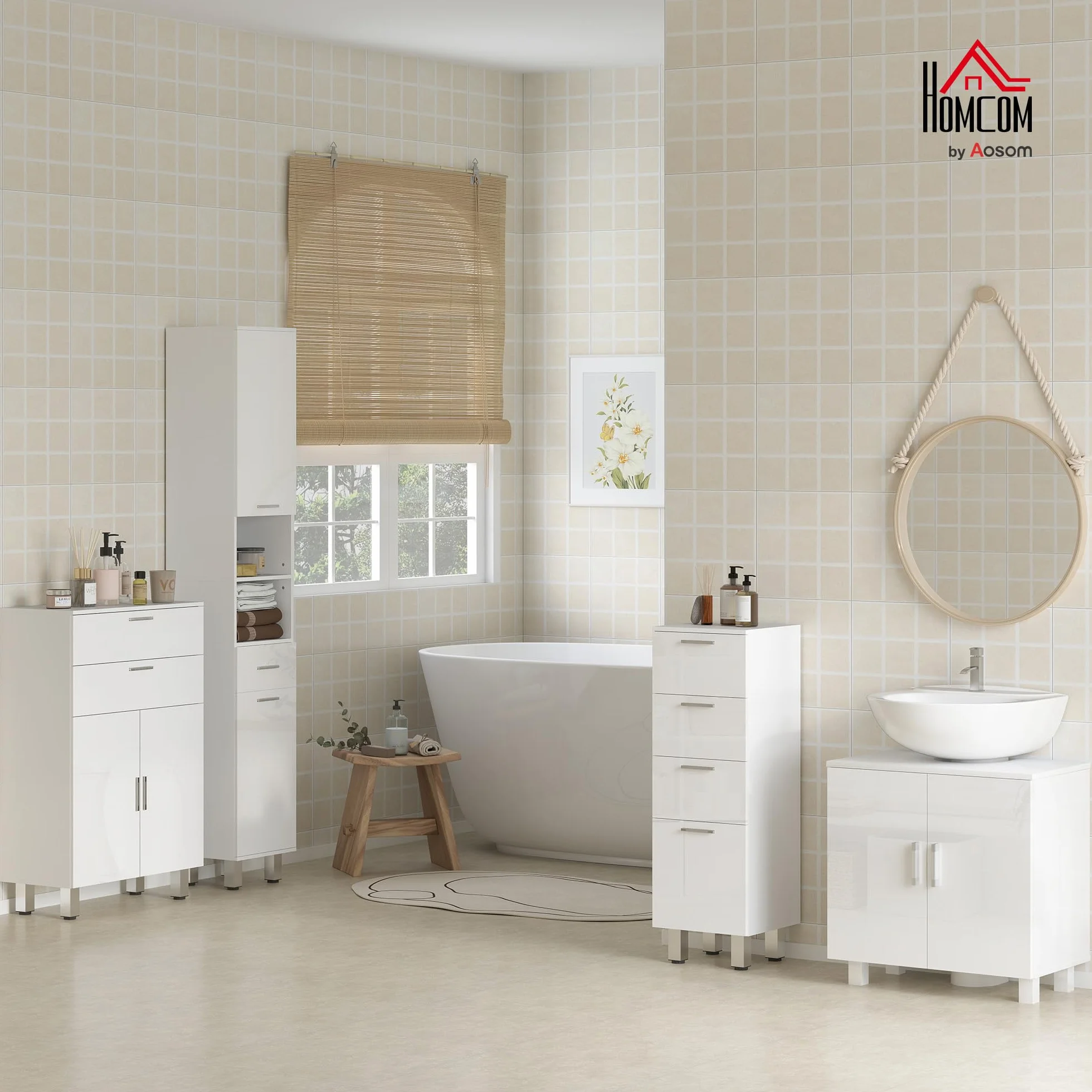 kleankin Armario de Baño Alto, Columna Auxiliar de Baño, con 1 Cajón, 3 Estantes Ajustable, 2 Armarios, para Salón, Dormitorio, 30x30x180 cm, Blanco Brillante