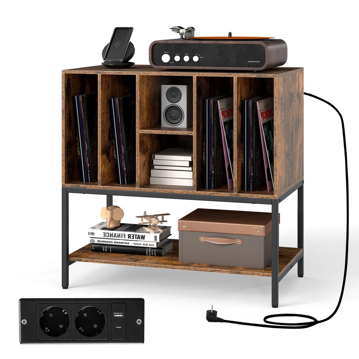 KOMFOTTEU Soporte para Tocadiscos con Estación de Carga, Mueble de Discos de Vinilo con 6 Compartimentos y Estante Abierto, Mesa de Exhibición con Orificio para Cables, 80 x 45 x 79,5 cm (Marrón)