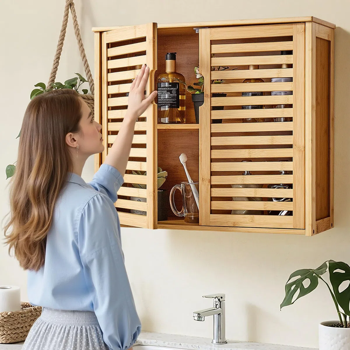 VEVOR Armario de Pared para Baño con 2 Puertas y Estantes de Altura Ajustable, Ideal para Colgar sobre el Inodoro, Cocina, Baño o Lavadero, Resistente a la Presión y al Agua, 590 x 208 x 510 mm