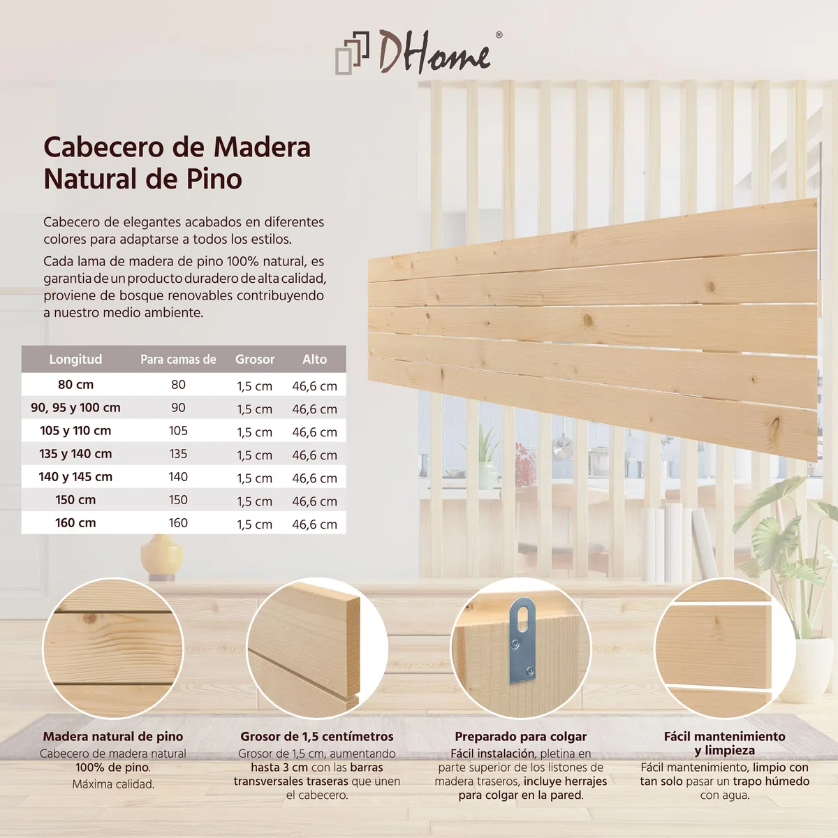 DHOME Cabecero de Madera Natural de Pino Estilo Palet Horizontal Cama Palets Herrajes incluidos (150x46 Palet 5)