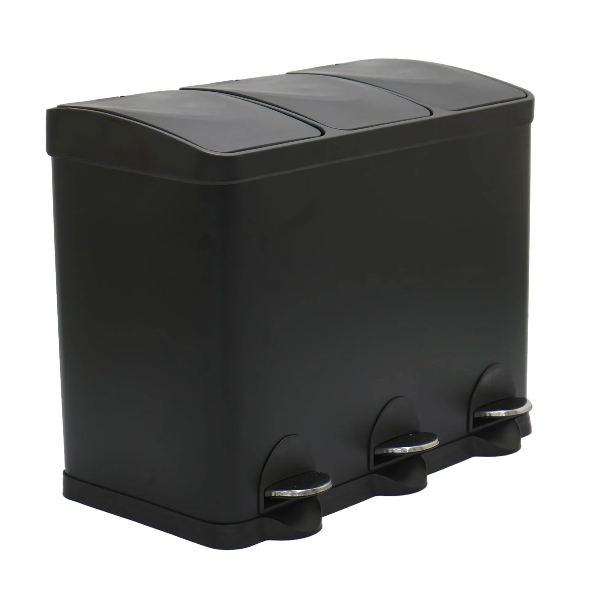Amig - Cubo de Basura Triple con Pedales 45 litros - 3 Compartimentos Extraíbles de 15 litros - Cubo de Reciclaje para Cocina - Acero - 60 x 37 x 49 cm - Negro Mate