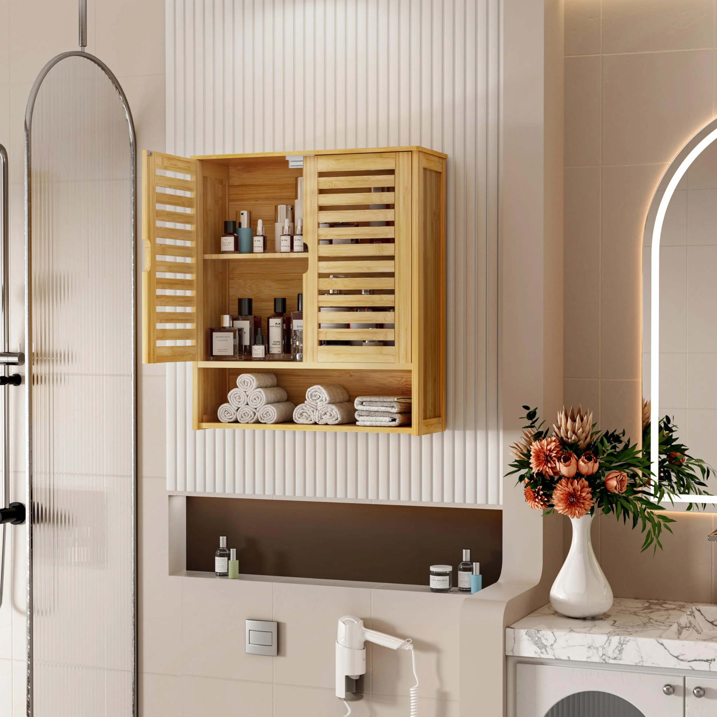 unho Armario de Baño de Bambú para Pared, Mueble Baño Colgar con Puerta con Cierre Magnético y Estante Ajustable, Organizador de Almacenamiento sobre Inodoro, 59x20.5x66.5cm, Madera Natural