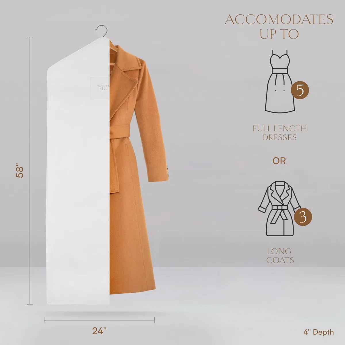 Hayden Hill Bolsa de almacenamiento de ropa de algodón de lujo | Larga de 58 pulgadas | Bolsa de vestir de algodón orgánico certificado | Transpirable | Para almacenamiento de vestidos largos y