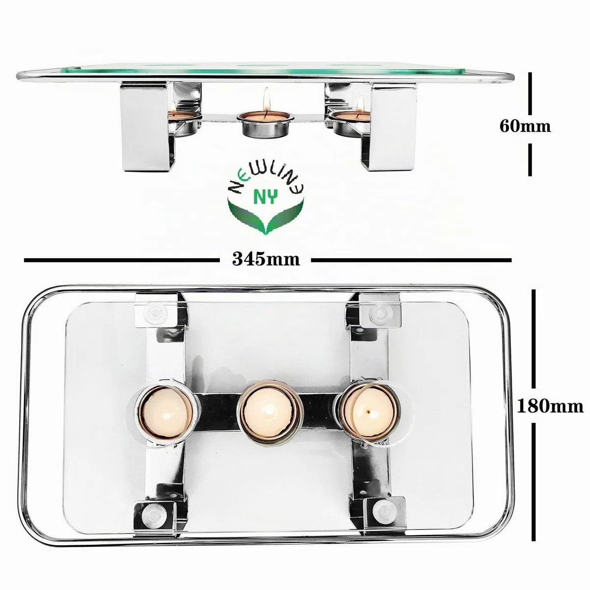 NewlineNY - Calentador de Platos de Cristal Cromado, Rectangular, 3 Agujeros, Vela votiva, Calentador de Alimentos Gourmet