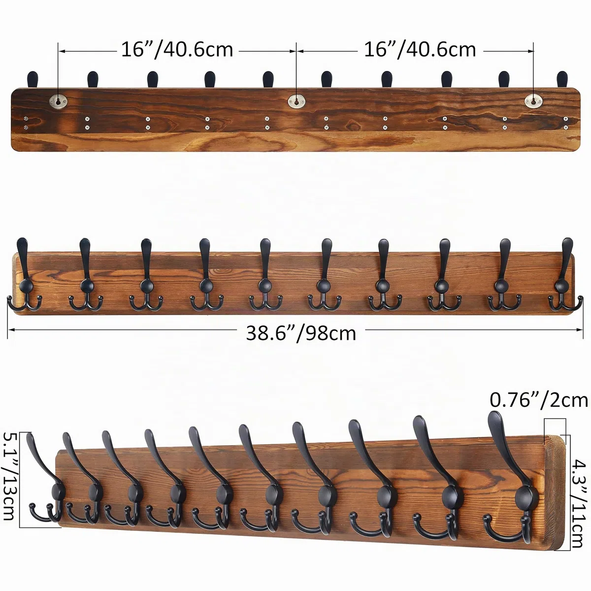 SKOLOO Percheros Pared Madera con 10 Ganchos- 97 cm, Pino, Perchero de Pared para Entrada Recibidor Dormitorio Salon, Marrón