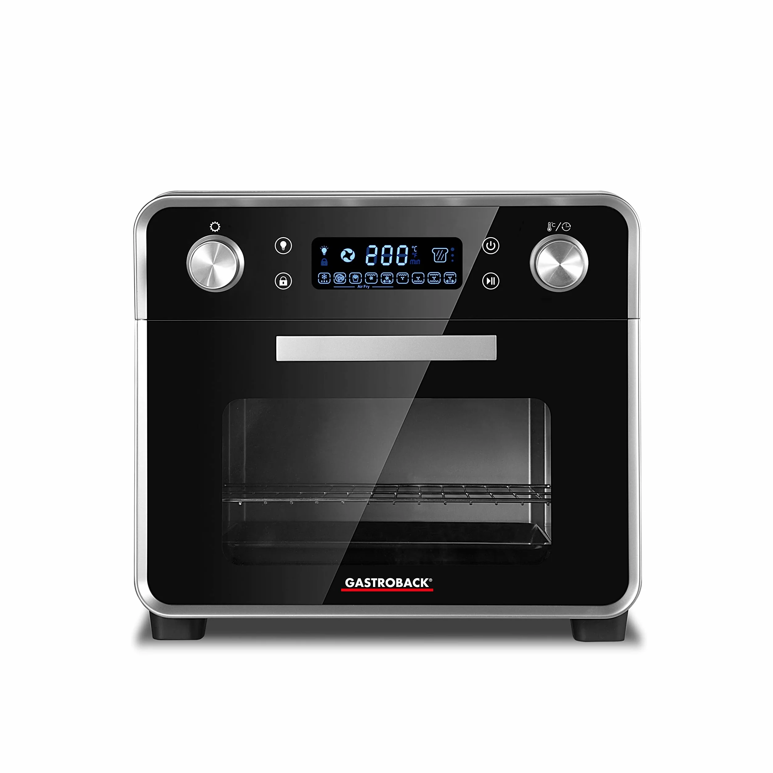 GASTROBACK Horno de diseño #42815 Air Fry & Pizza, 1680 W, 5 en 1: horno para pizza, freidora de aire caliente, mini horno, pincho giratorio para barbacoa y deshidratador, capacidad de 22 litros, 3