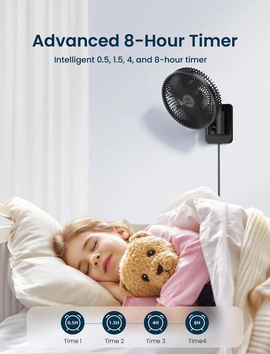 Ventilador de oscilación silencioso montado en la pared de 8.5 pulgadas con control remoto y temporizador, 4 velocidades ajustables para baños pequeños, refrigeración de dormitorio interior para RV
