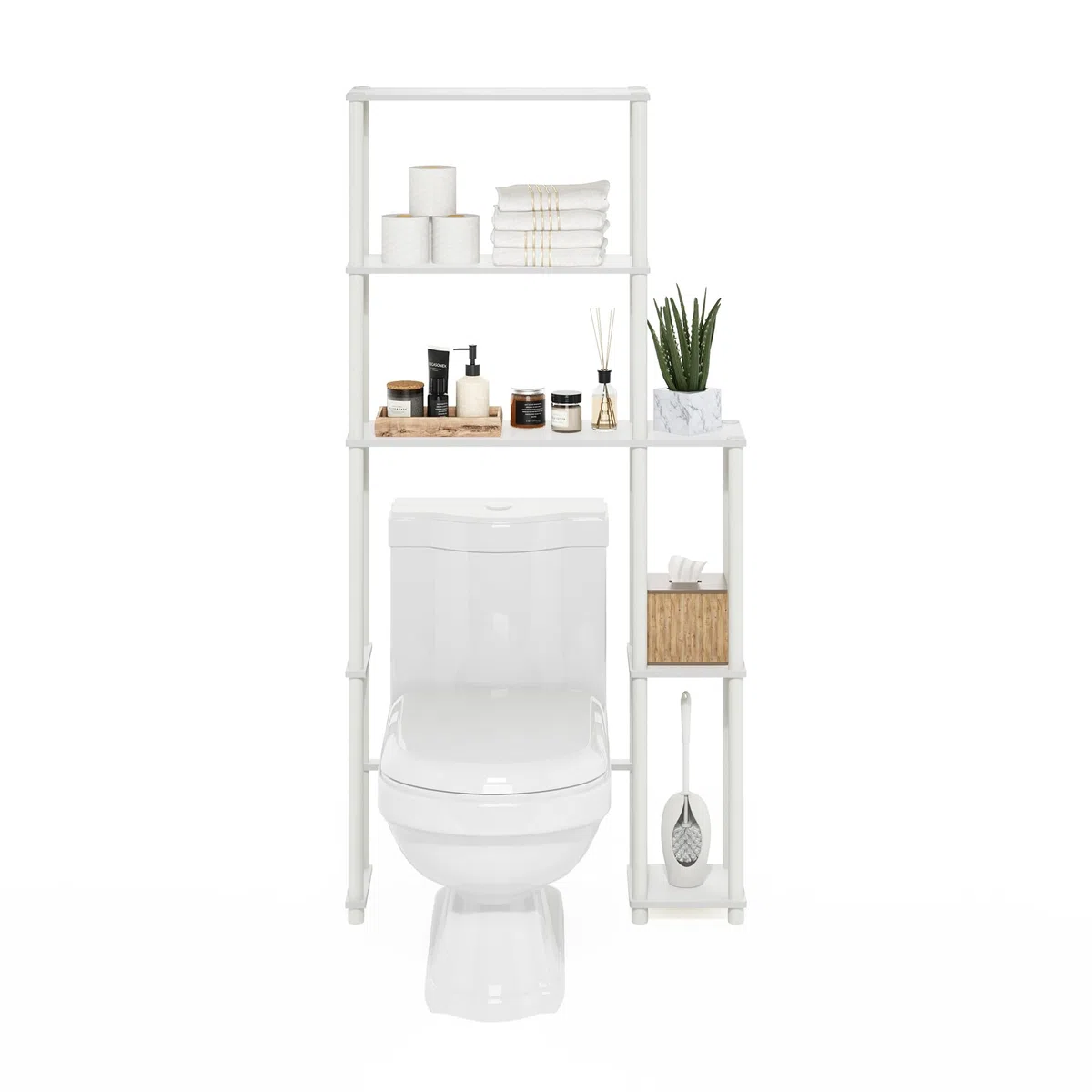 Furinno Turn-N-Tube Estantería De Baño Independiente para Ahorrar Espacio con 5 Estantes para Colocar sobre El Inodoro Color Blanco