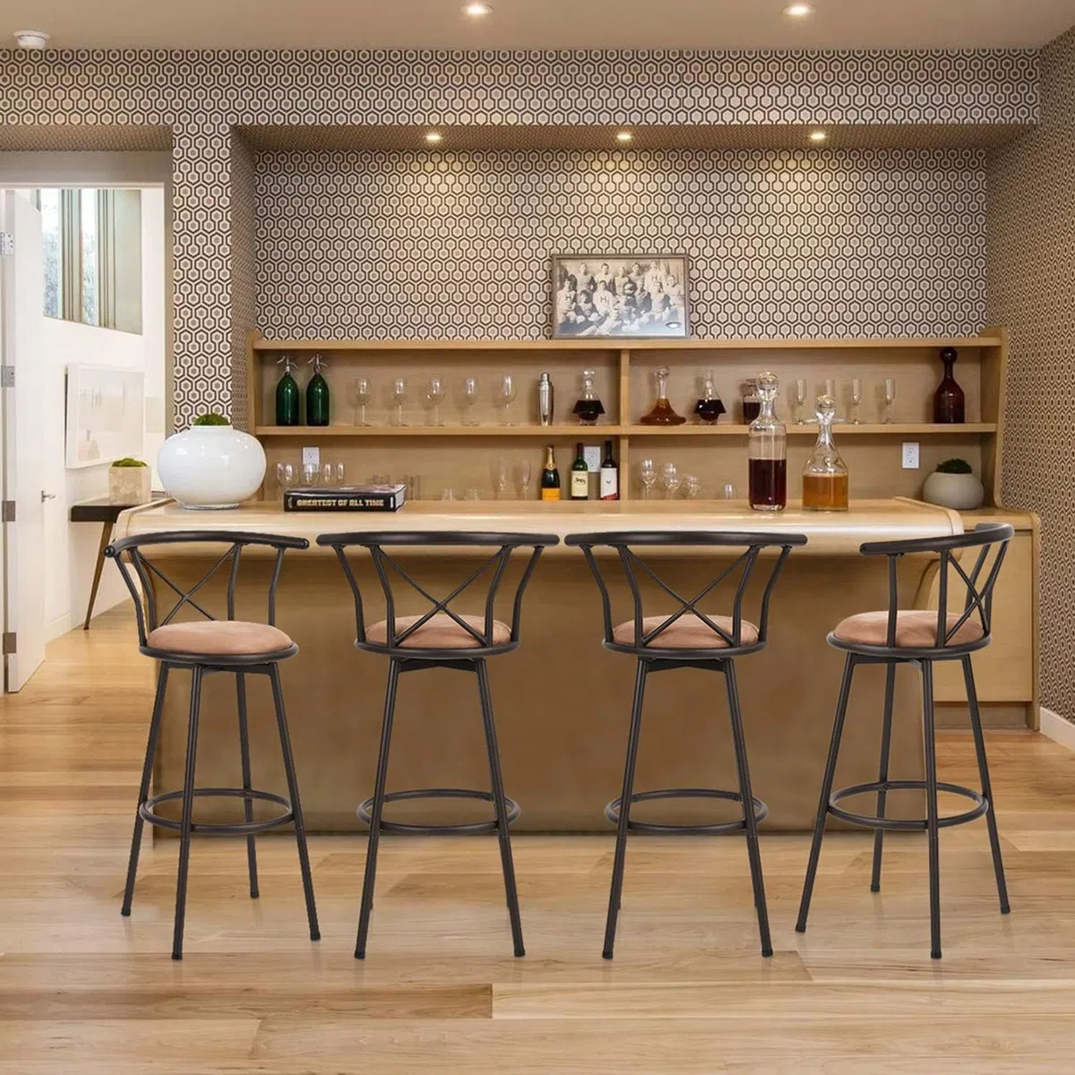 MEUBLE COSY Taburetes de Bar Juego de 2, Sillas de Cocina en Piel Sintética, Giratorio en 360° con Respaldo y Reposapiés, Asiento Acolchado de 75,5 cm de Alto, Patas de Acero