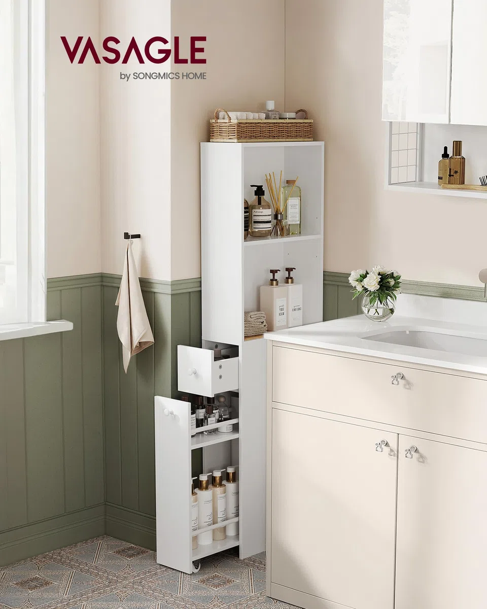 VASAGLE Armario de Baño Alto, Armario de Almacenamiento Delgado, con Cajones y Estante Ajustable, Armario para Espacios Pequeños, Estilo Moderno, Blanco Clásico BBK567T14