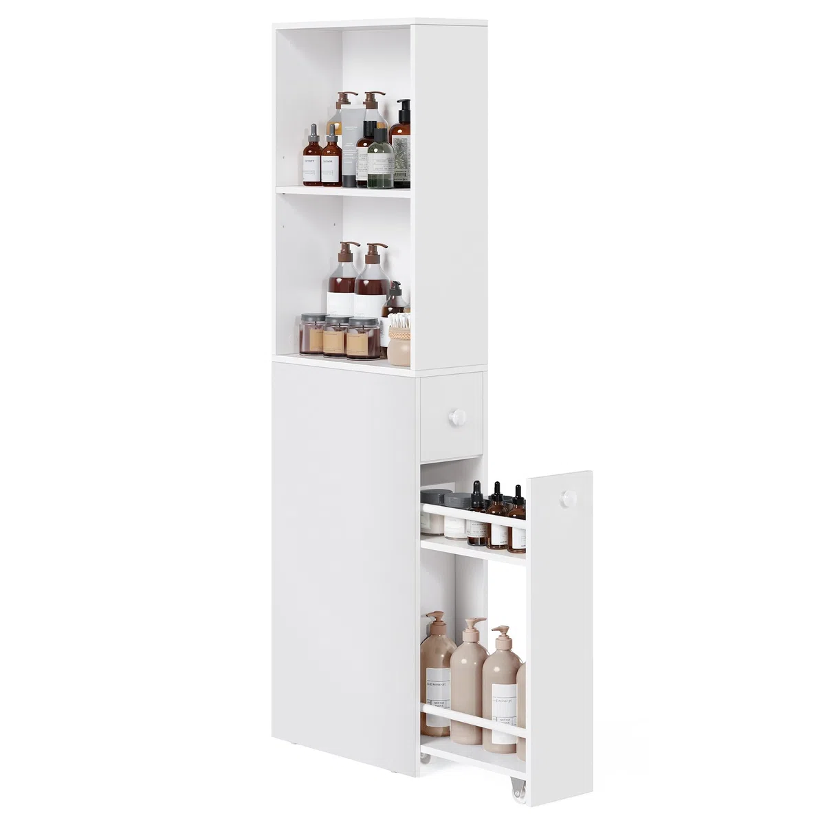 VASAGLE Armario de Baño Alto, Armario de Almacenamiento Delgado, con Cajones y Estante Ajustable, Armario para Espacios Pequeños, Estilo Moderno, Blanco Clásico BBK567T14