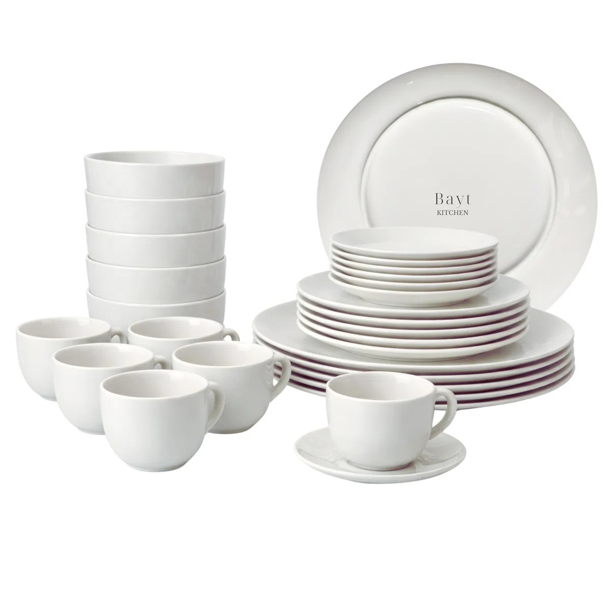 Bayt Juego de Vajilla de 30 Piezas, Vajilla Completa para 6 Personas de Porcelana, Platos y Cuencos Blancos, Apta para Lavavajillas y Microondas, Blanco