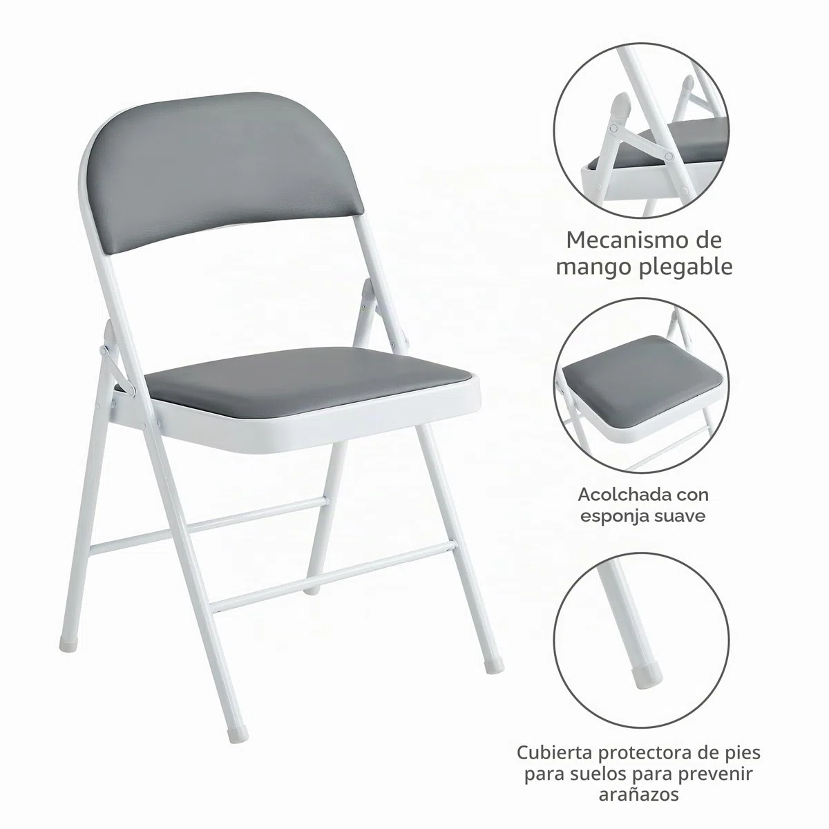 McC Direct Juego de 4 sillas plegables de piel sintética, marco de metal y asiento acolchado, fácil de plegar y almacenar para hogar, oficina, comedor y recepción (gris)