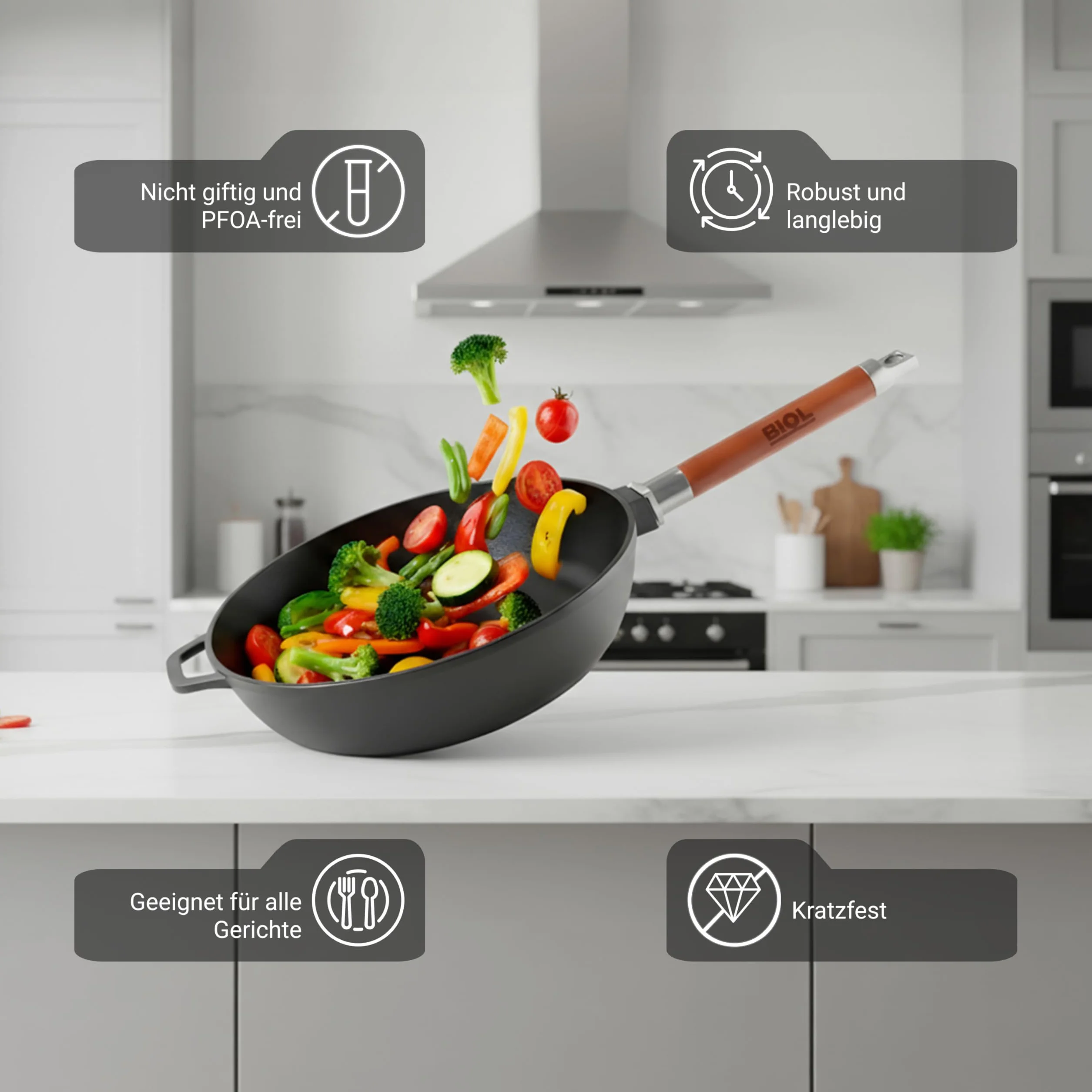 BIOL Sarten Hierro Fundido 28 cm - Sartén Antiadherente para Cocina Inducción, Mango de Madera Desmontable Ergonómico, sin Tapa, Apta para Gas, Vitrocerámica, Horno y Barbacoa, Cocina Saludable | Mango de madera desmontable, sin revestimiento, apto para h