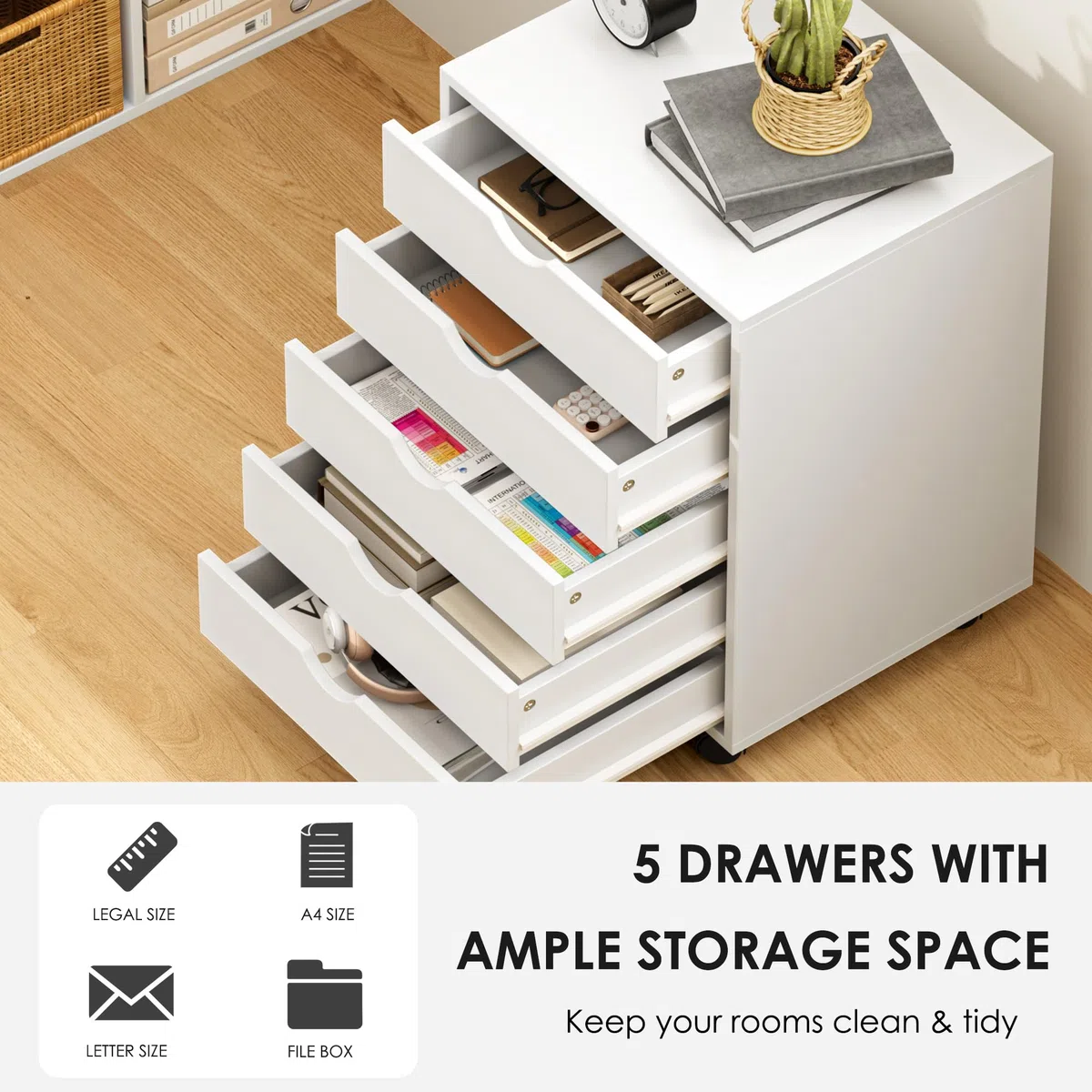 SogesHome Armario archivador con ruedas de madera con cajones para A4, formato carta legal, para oficina y hogar