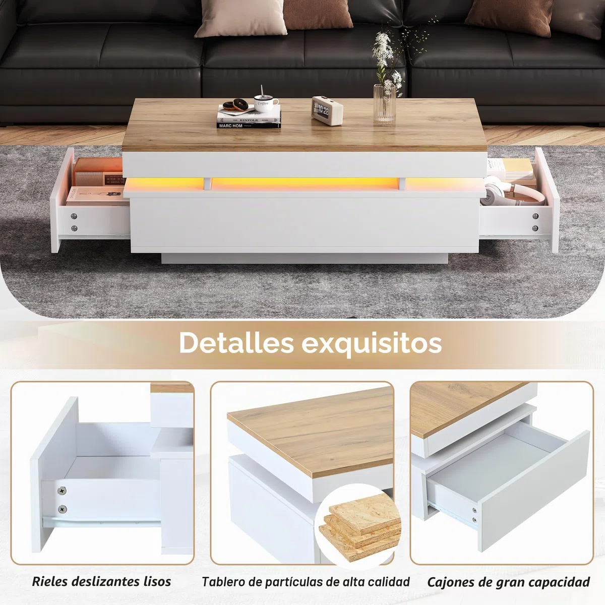 SACOOL 100 x 50 x 35 cm Mesa de centro con 2 cajones, mesa auxiliar LED de alto brillo, mesa de té, mesa de sofá, mesa de salón, mesa de café, color blanco + tono de madera, blanco, madera