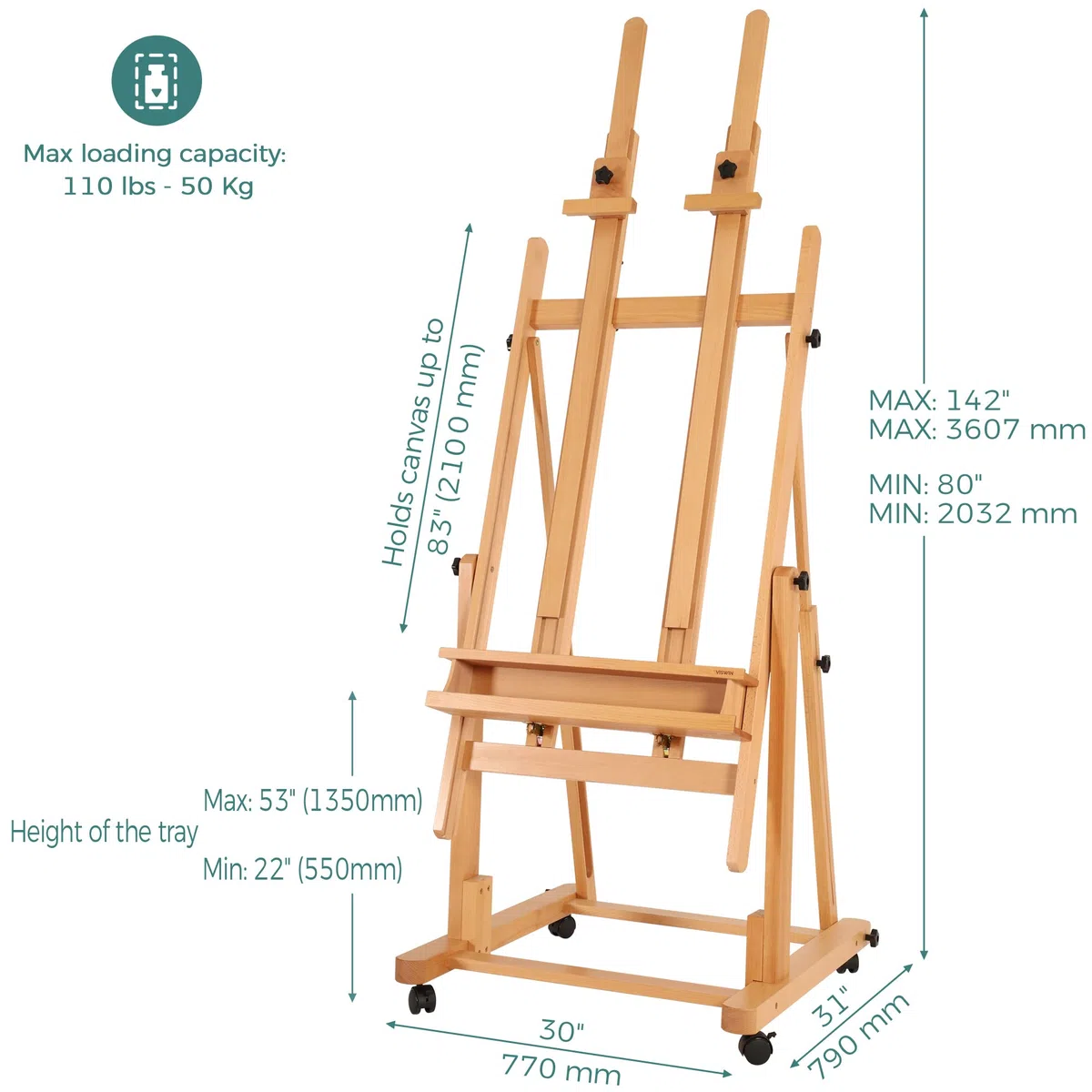 VISWIN Caballete Pintura en H Grande de Doble Mástil, Inclinable a Horizontal, Caballete Pintar Profesional Ajustable de Madera de Haya con 4 Ruedas & Bandeja para Adultos, Artistas, Pintor, Estudio