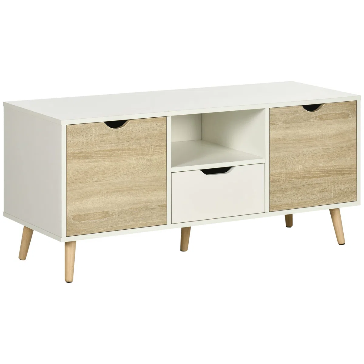 HOMCOM Mueble de TV, Mesa de TV con Cajón, 2 Puertas y Estante Abierto, Patas de Madera, para Televisores hasta 50 Pulgadas, Largo de 110 cm, para Salón, Dormitorio, Blanco y Madera Natural