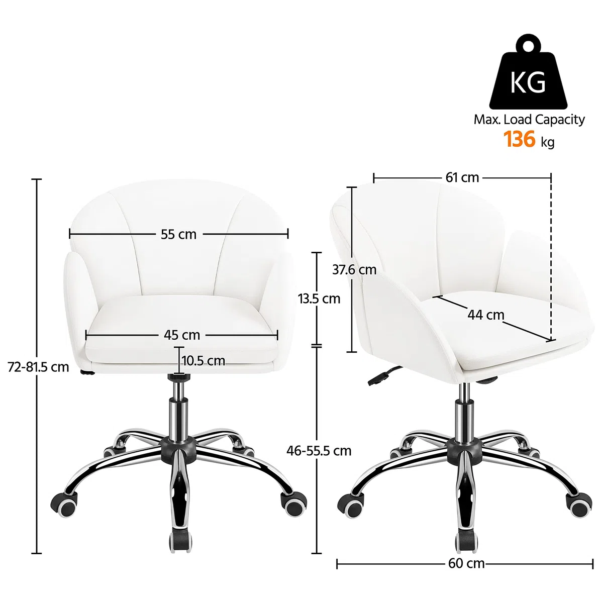 Yaheetech Silla de Oficina Silla de Ruedas Silla Altura Ajusteble MAX Carga 136 KG Silla de Despacho Estudio Blanco Silla Piel Sintética