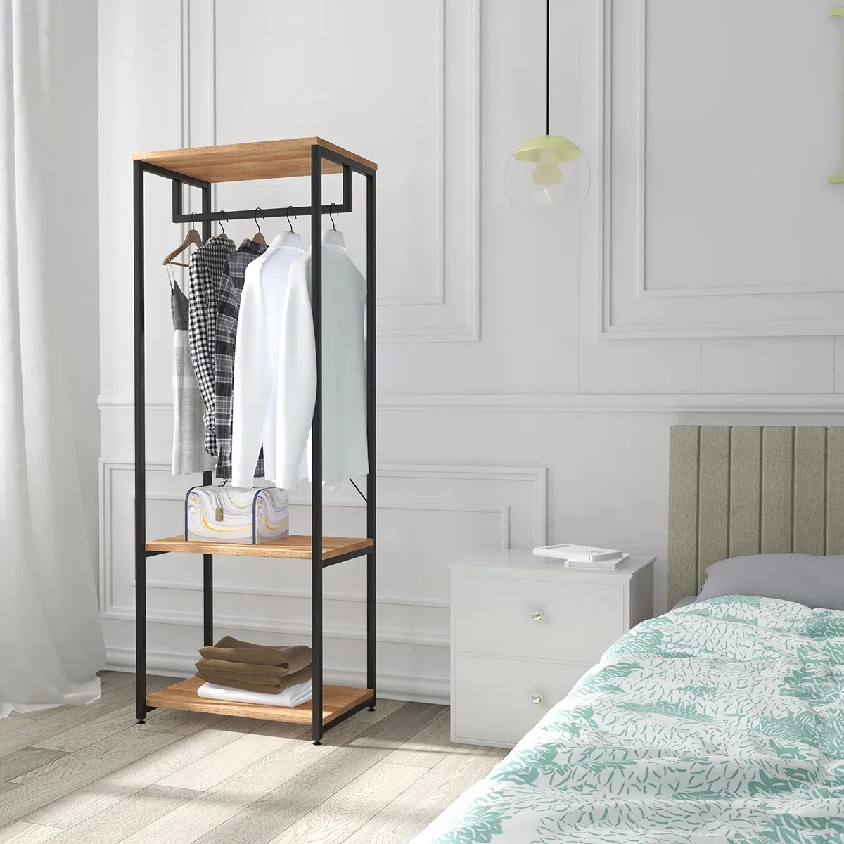 WOLTU Perchero de Pie con Estante Zapatero, Perchero Burro para Colgador Ropa, Metal y Madera, 60 x 40 x 167 cm