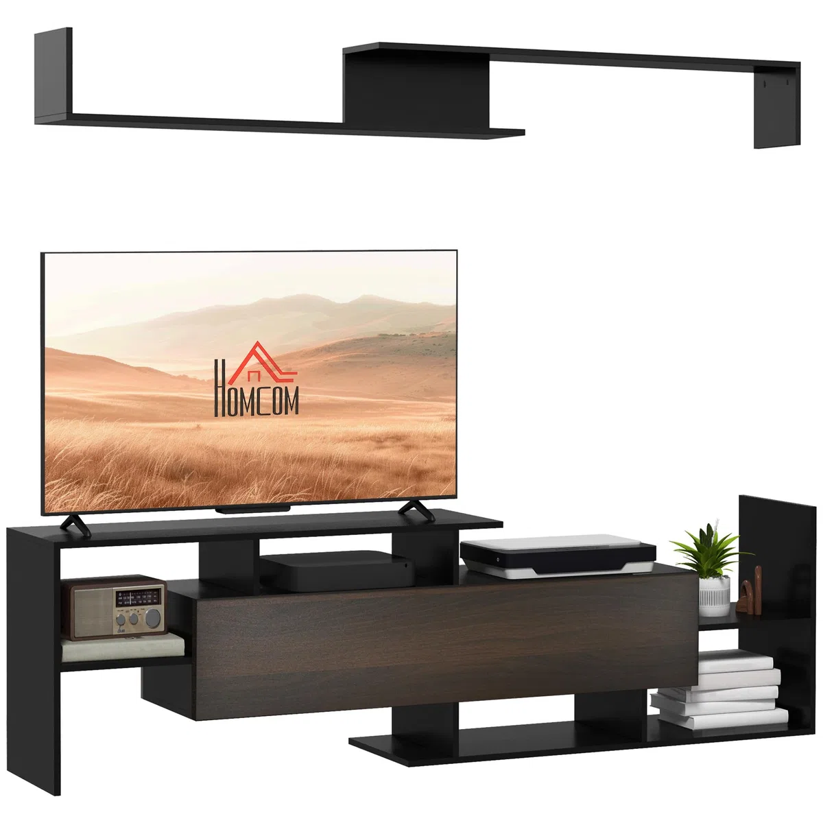 HOMCOM Muebles de Salón Conjunto Muebles de TV para Televisiones de Pared hasta 65" o de Pie hasta 40"con Mesa para Televisor 153,6x25x42 cm y Estante de Pared 150x14,5x16,3 cm Negro y Marrón