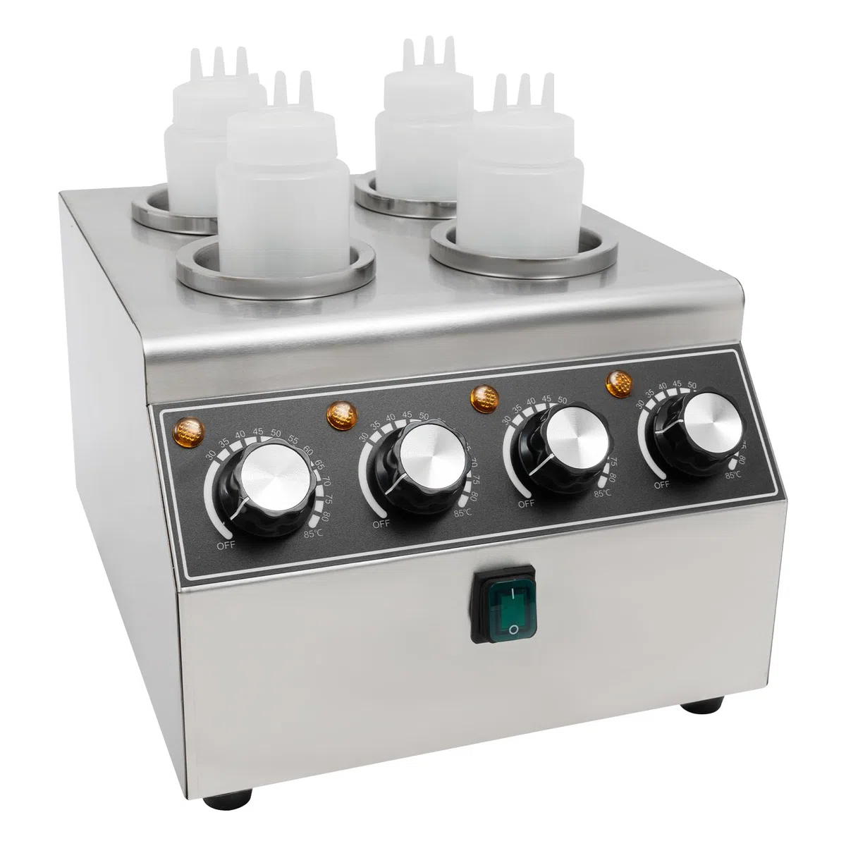 Calentador de salsas eléctrico, 800 W, con 4 botellas de PVC, máquina de calentamiento de salsas de acero inoxidable, 30-85 ℃, para mantener diferentes salsas calientes