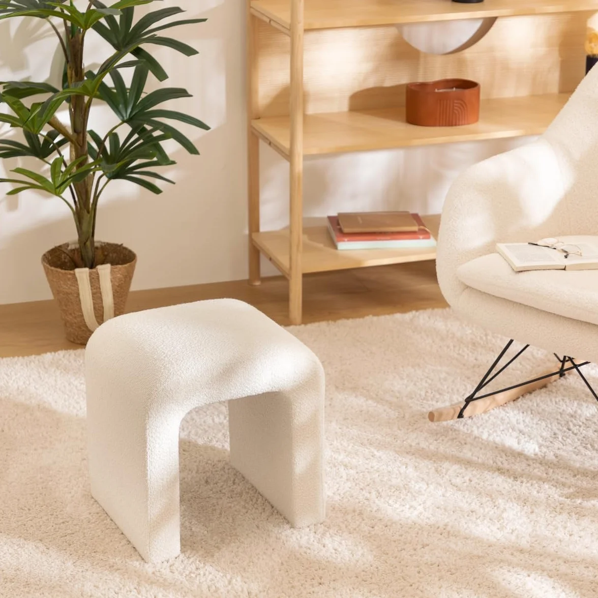 Atmosphera - Puf Sevi en Tejido bouclé Blanco - 41 x 35,5 x 43 cm, Estilo escandinavo - Asiento Adicional para salón y Dormitorio