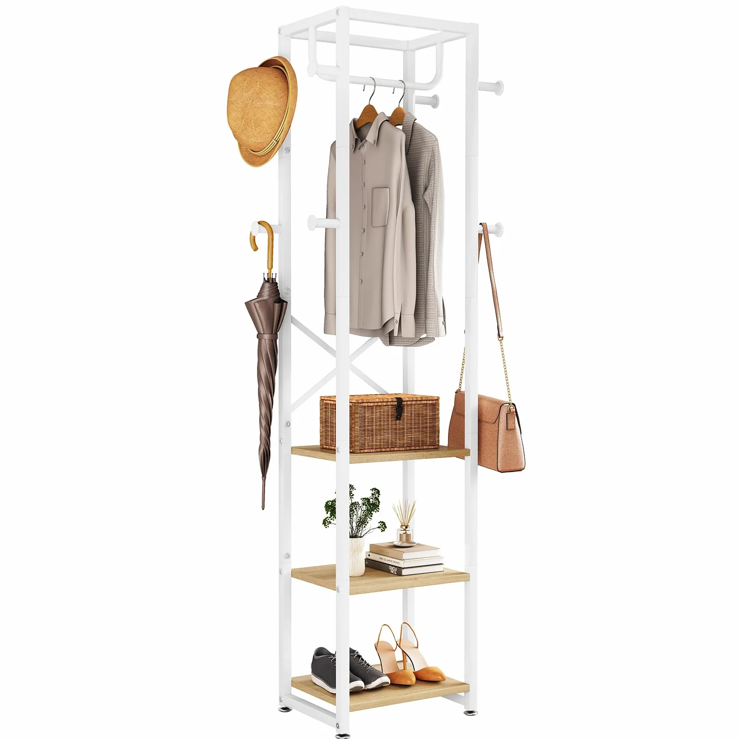 IBUYKE Perchero, Perchero independiente con 3 estantes y 8 ganchos, Perchero industrial de ropa para entrada, pasillo, dormitorio, 180 x 40 x 30 cm, color natural y blanco TMJ088R