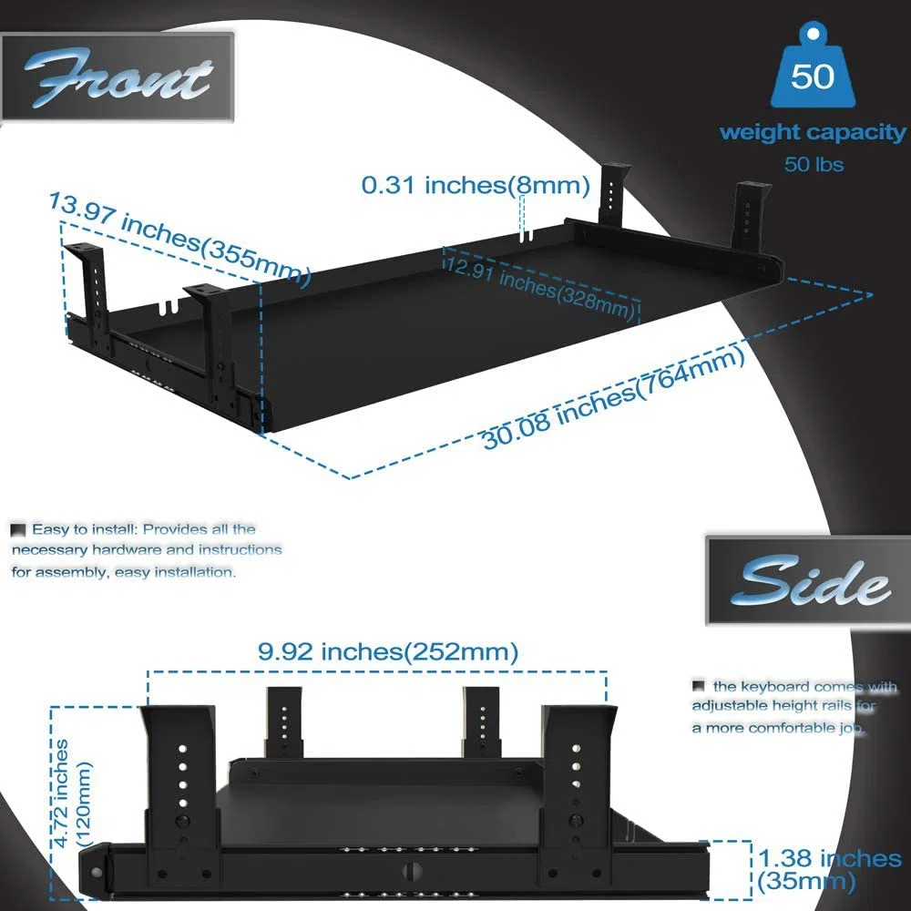 FRMSAET Plataforma para Bandeja de Teclado Debajo del Escritorio 53 cm / 60 cm / 76 cm Organizador de cajones de Material Totalmente metálico Herramienta de Almacenamiento. (76 cm, Negro)