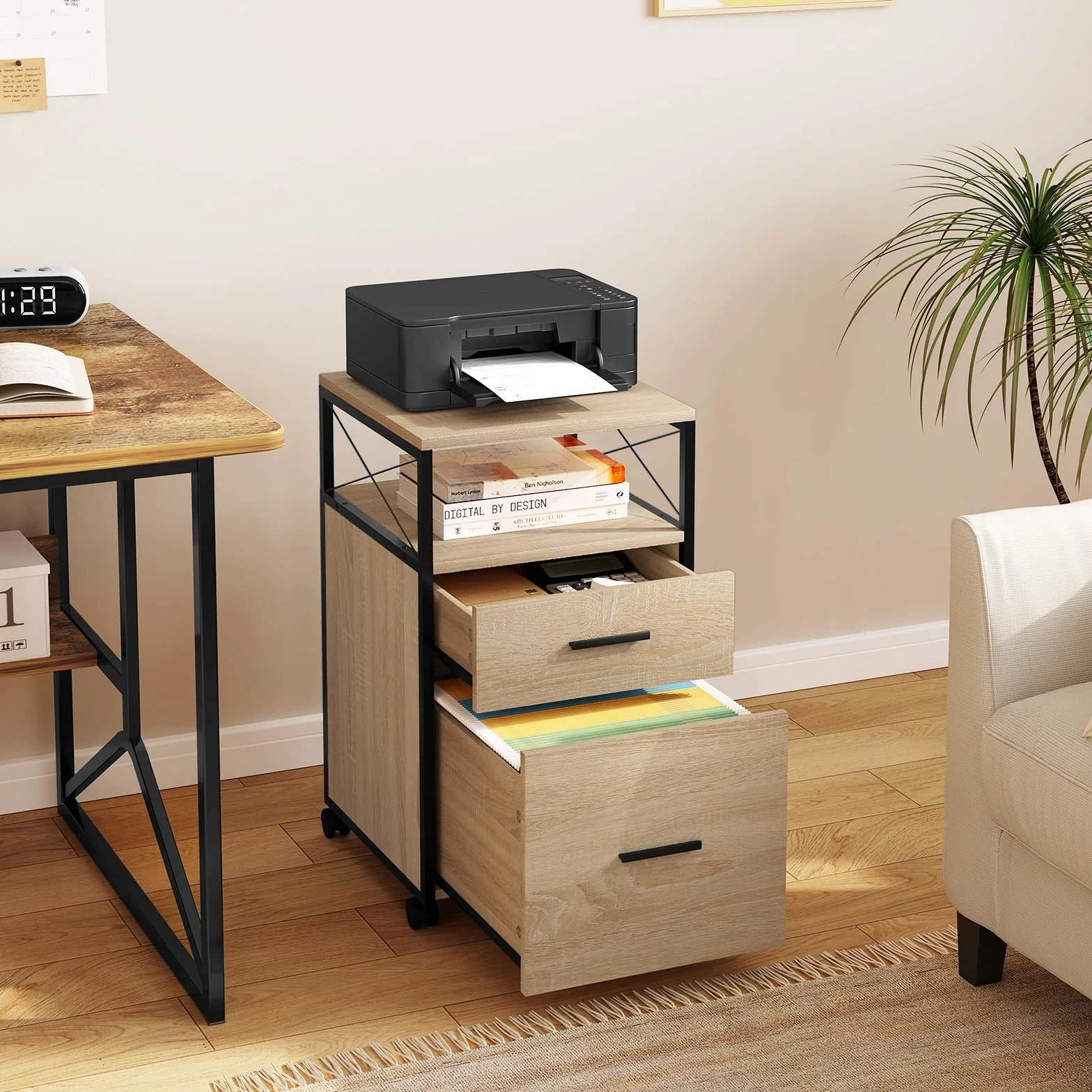 WOLTU Armario Archivador Móvil, Cajonera Escritorio con Ruedas, Mueble Oficina 2 Cajones y 1 Estante, Gabinete Almacenaje para Impresora, Carpetas, Archivos A4, Roble Claro, 40x40x69 cm, ASK09hei