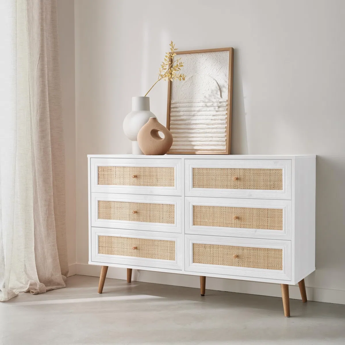 sweeek-Cómoda de 6 cajones con Efecto Madera y caña Blanco Roto - 120x39x79 cm