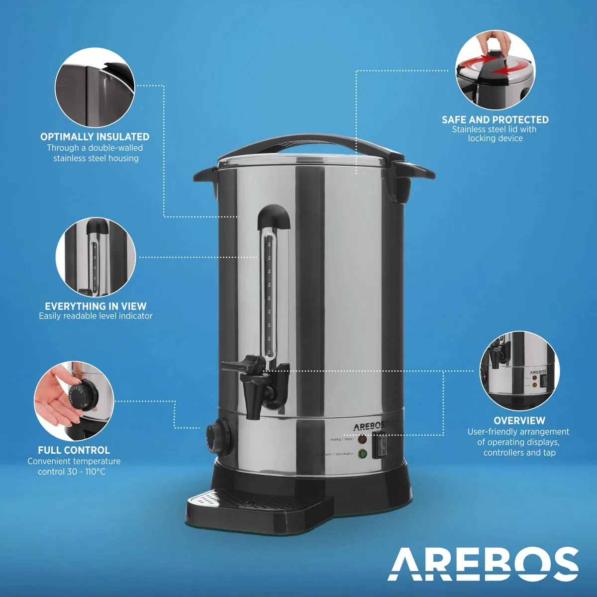 Arebos Cocina eléctrica para vino caliente 1650 W | 20 L | Hervidor para Vino Caliente | Dispensador con grifo de salida | termostato y protección contra sobrecalentamiento | Acero inoxidable