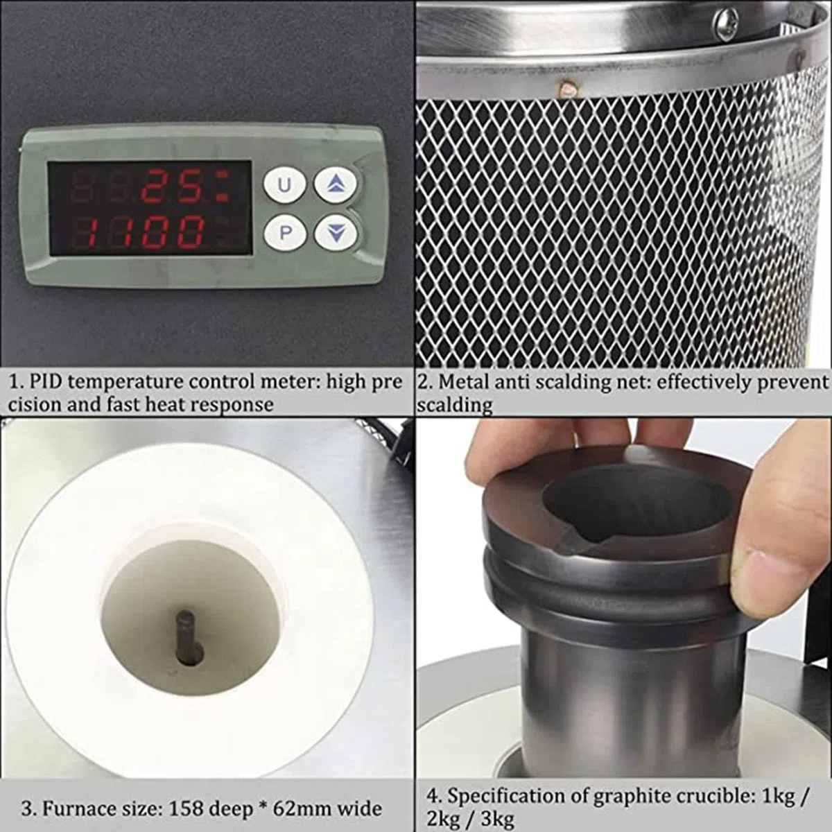 Horno De Fusión,Horno De Fusión De Oro,1150℃ Horno Fundición Metales Digital Horno De Fusión Eléctrico Horno Fusión Automático Máquina De Fusión De Oro Para Fundir Oro Joyas Plata,Black-1kg