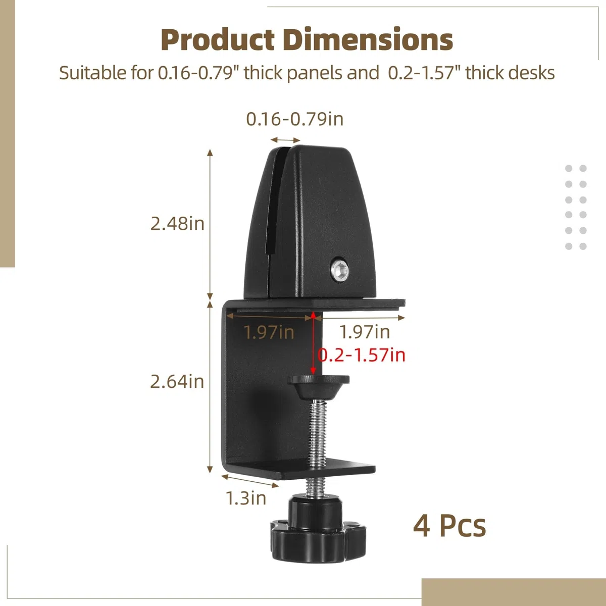 4 clips divisores de escritorio ajustables, abrazaderas de soporte de protección contra estornudos para paneles de 0.16 a 0.79, soportes de división de plexiglás sin perforaciones