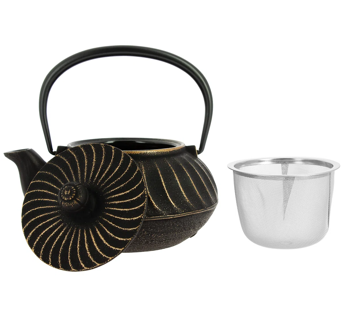 Iwachu Nambu Tekki Tetera de Hierro Colado Japonés Nami, Negra Dorada, 650 ml