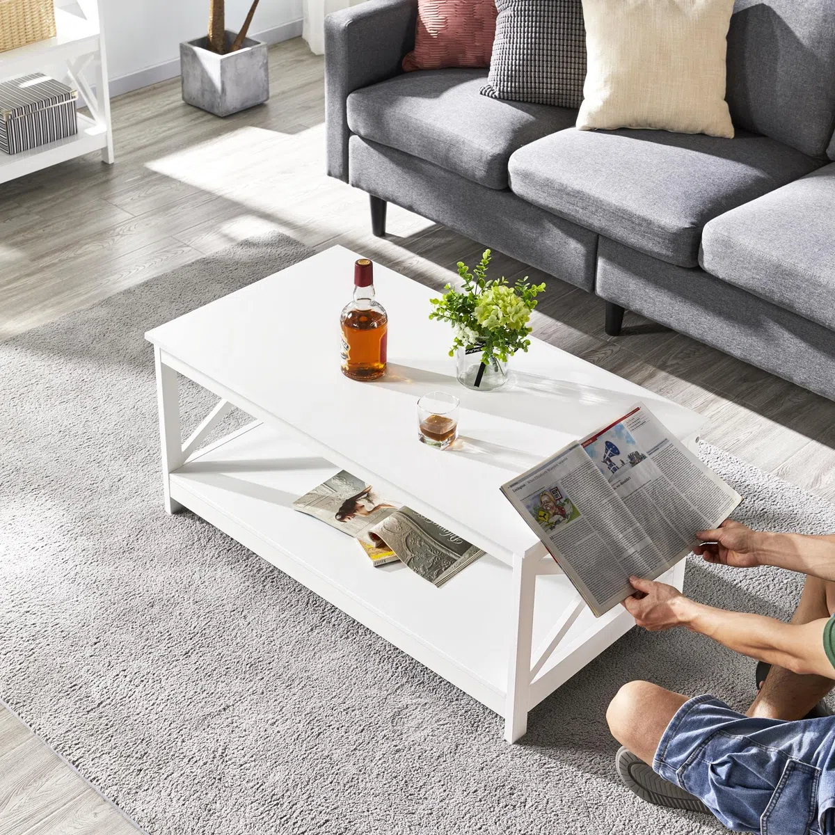 Yaheetech Mesa de Centro Moderna con Estructura en X Mesa de Café con Doble Nivel de Almacenamiento 100x50x45cm Ideal para Libros Revistas Blanco