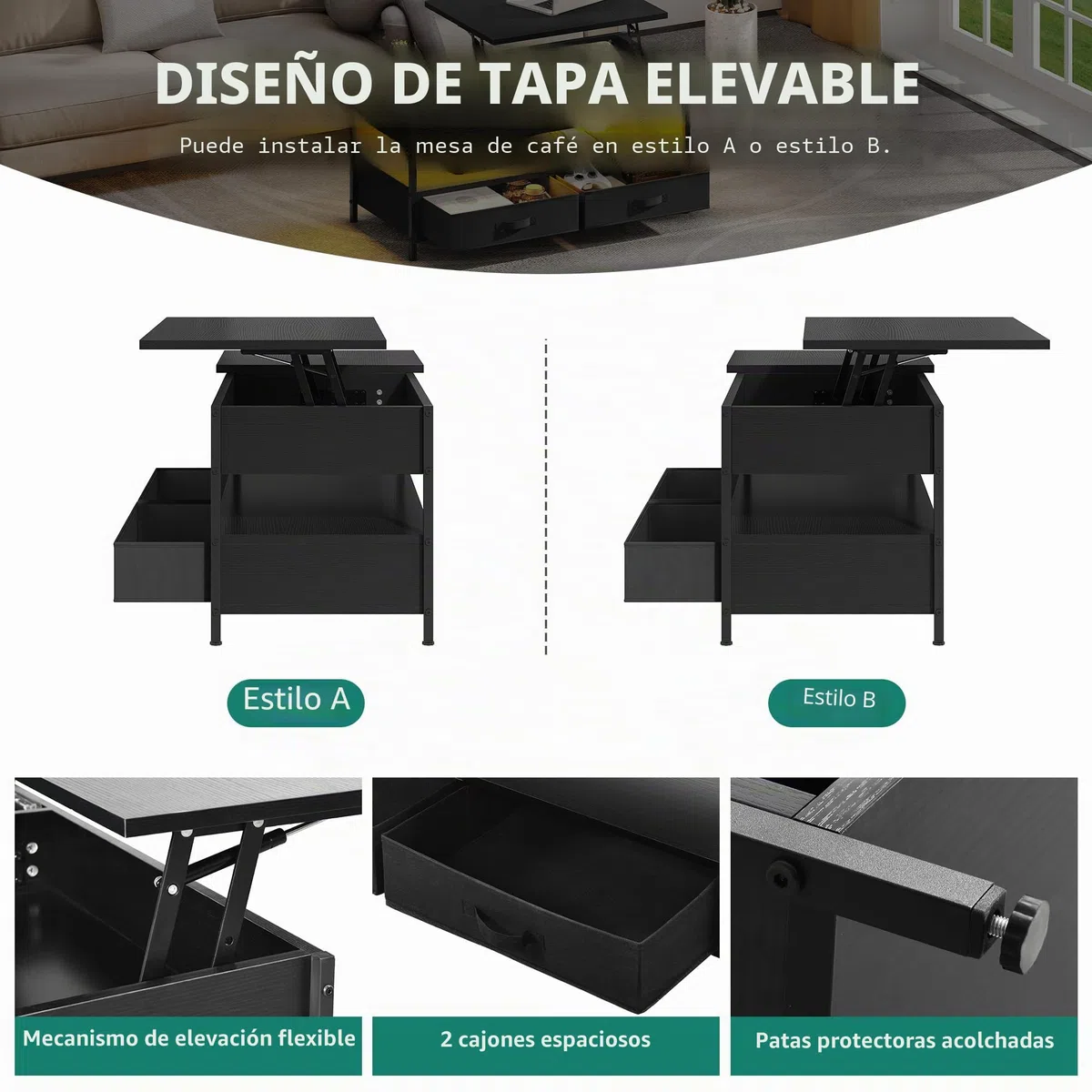 YITAHOME Mesa de Centro Elevable, Mesita de Salón de Madera con Estante de Almacenamiento, Mesa Cafe con 2 Cajón y Tira de luz LED de 16 Colores, Negro, 106 x 50 x 51,5 cm