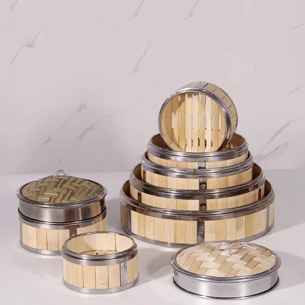 Cesta de Vapor de bambú,2 Niveles con Tapa Steam Cooker,Olla vaporera de bambú Cocinar al Vapor con Bandas de Acero Inoxidable - para arroz,Dim Sum,Verduras,Carne y Pescado (8 tamaños)