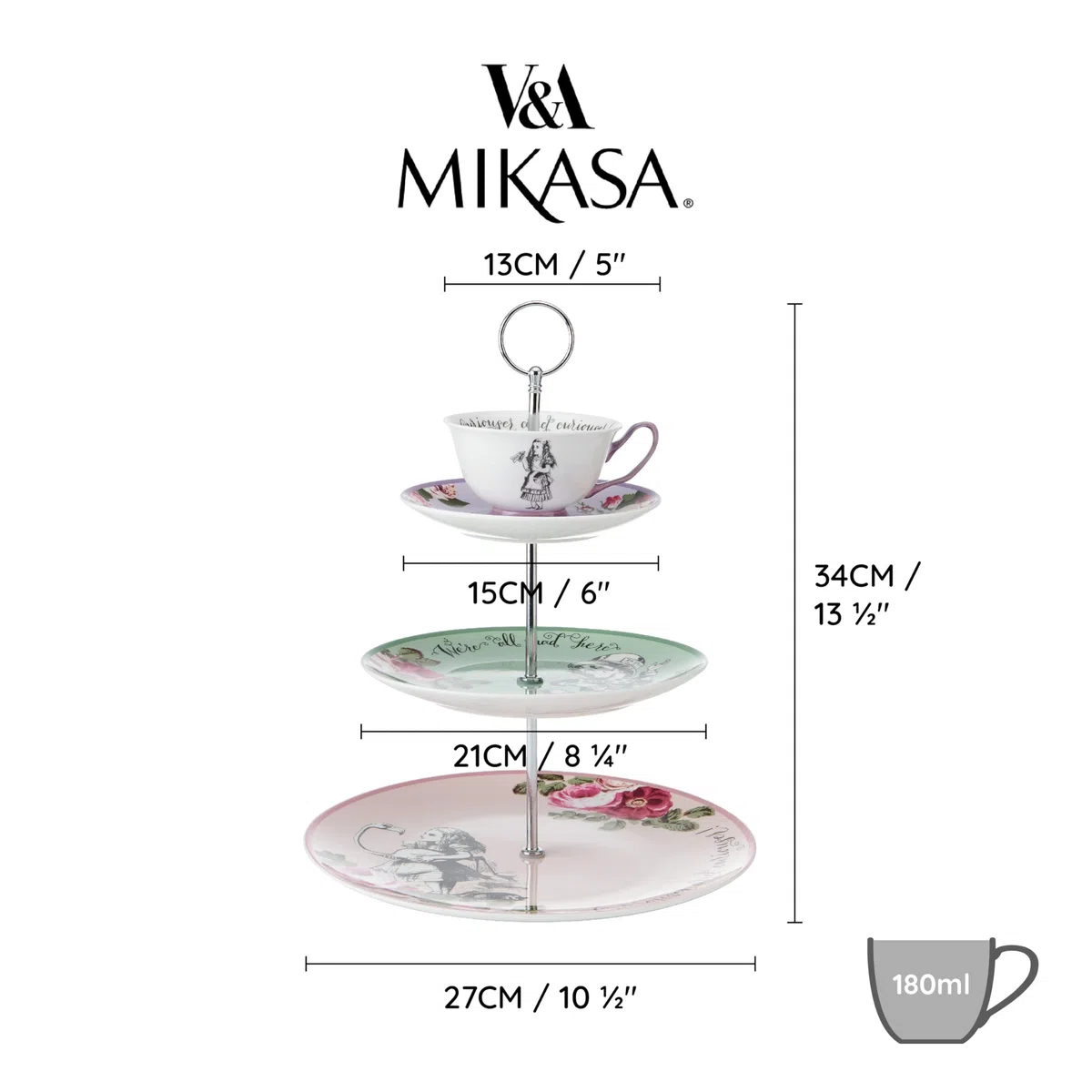 Mikasa and the V&A - Soporte para tartas de 3 niveles, soporte para té de la tarde con taza de té, té de Alicia en el país de las maravillas, porcelana de hueso, apto para lavavajillas y en caja de