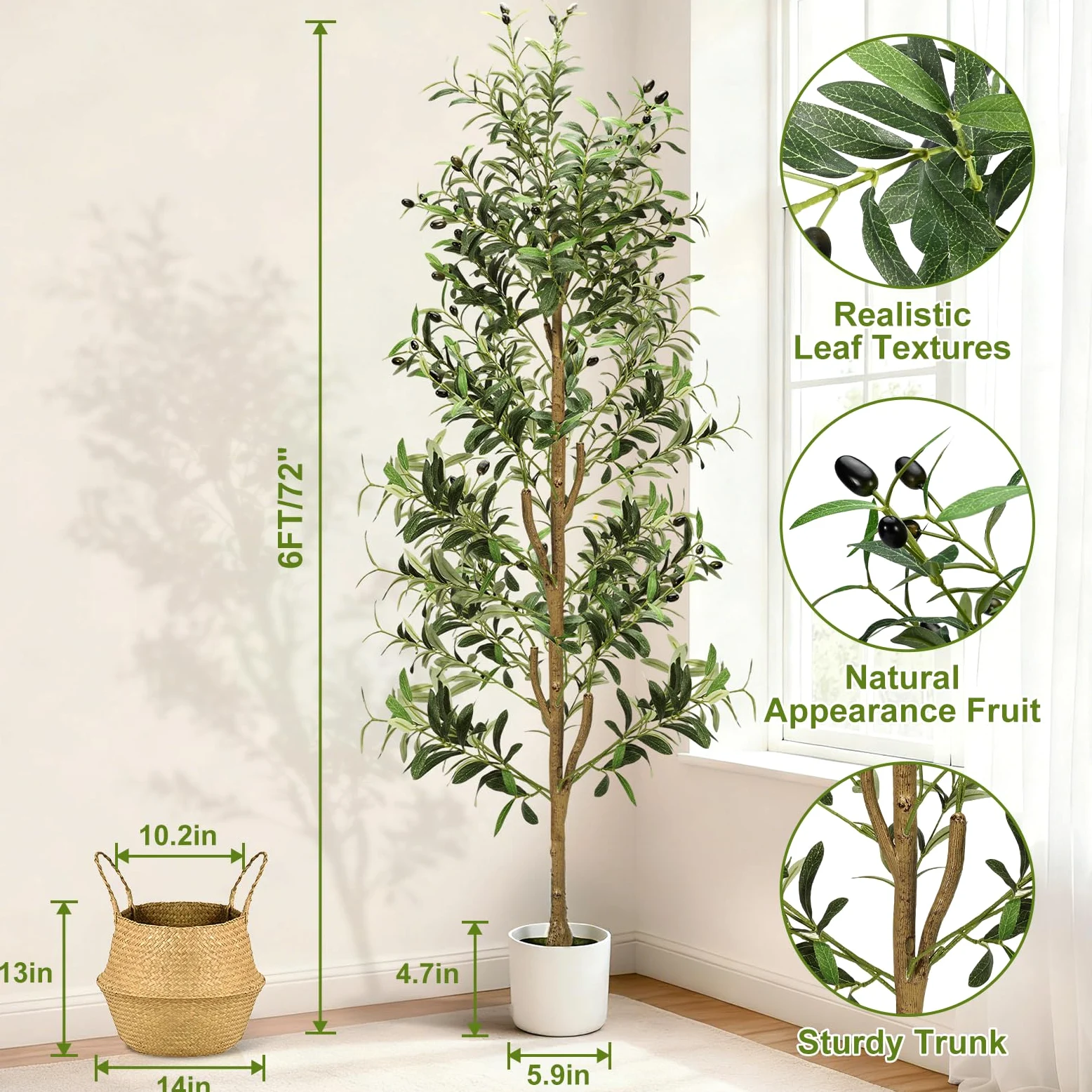 NZQXJXZ Olivo Artificial 180 cm con Luces, Plantas Artificiales Decorativas con Maceta y Cesta, Planta Artificial Grande con Tronco Natural y Frutos para Hogar Oficina