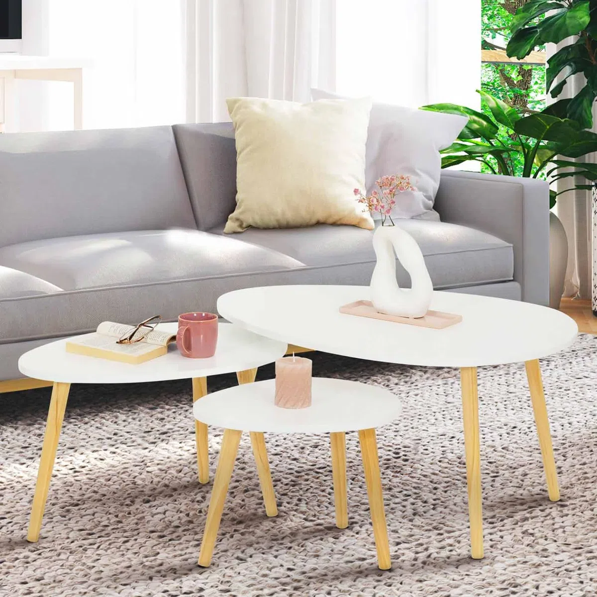 IDMarket – Juego de 3 mesas bajas nido Gaia lacadas blanco escandinavo