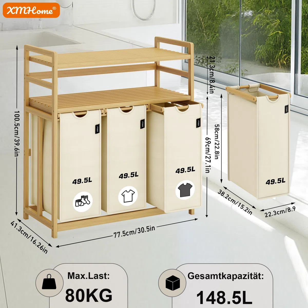 cesto para la ropa sucia con 3 compartimentos de 148 litros de bambú con 2 niveles Gran cesto de lavandería con bolsa extraíble rectangular Caja de lavandería para baño dormitorio y lavandería