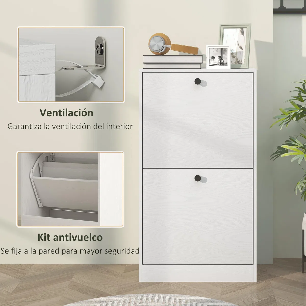 HOMCOM Zapatero Estrecho con 2 Puertas, Zapatero Entrada Recibidor con Estantes Ajustables, para 8 Pares de Zapatos, 47x26x85 cm, Blanco Veteado