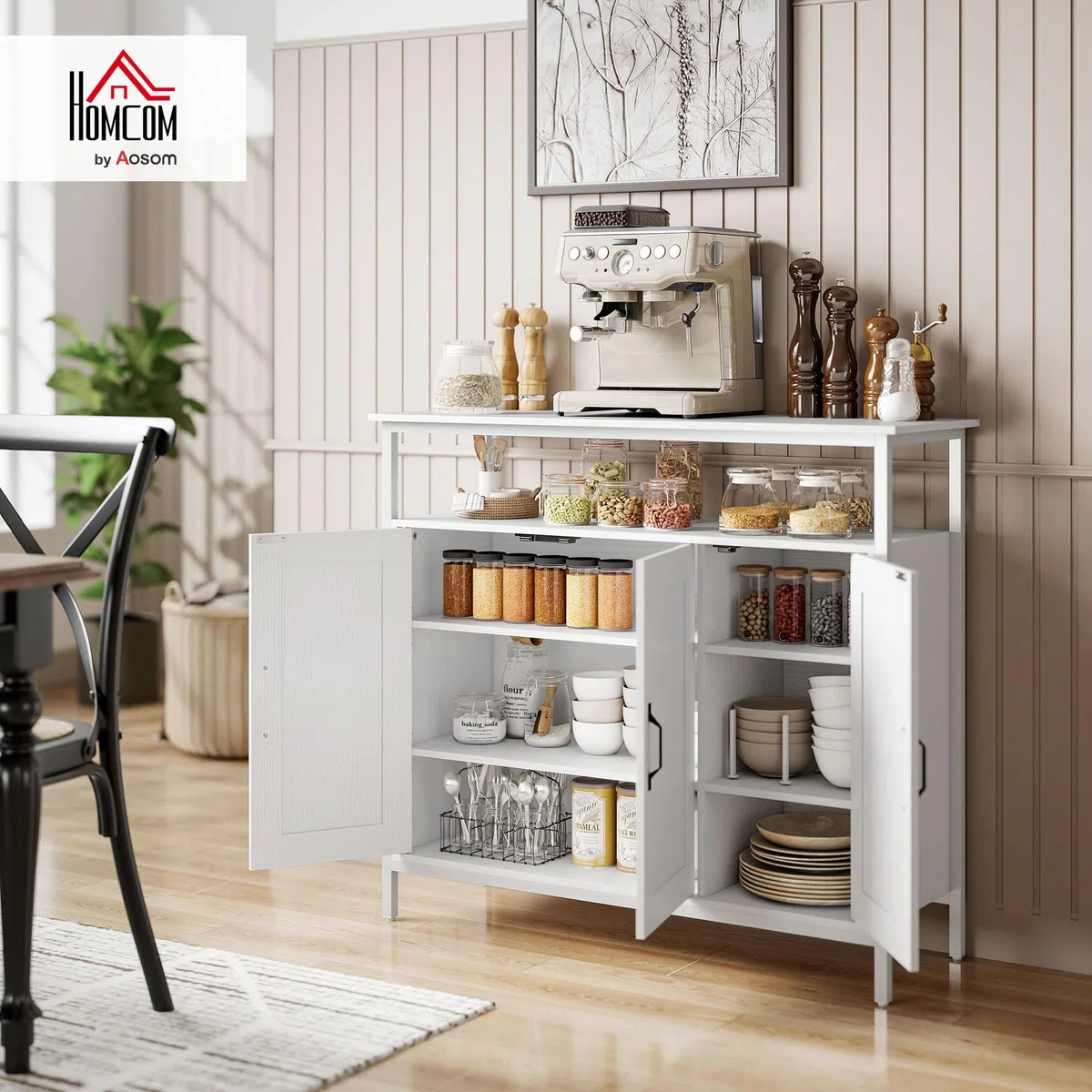 HOMCOM Aparador 3 Puertas, Aparador para Salón Industrial, con Compartimento Abierto, Estantes Ajustables, para Comedor, Entrada, Dormitorio, Blanco, 100x35x88 cm