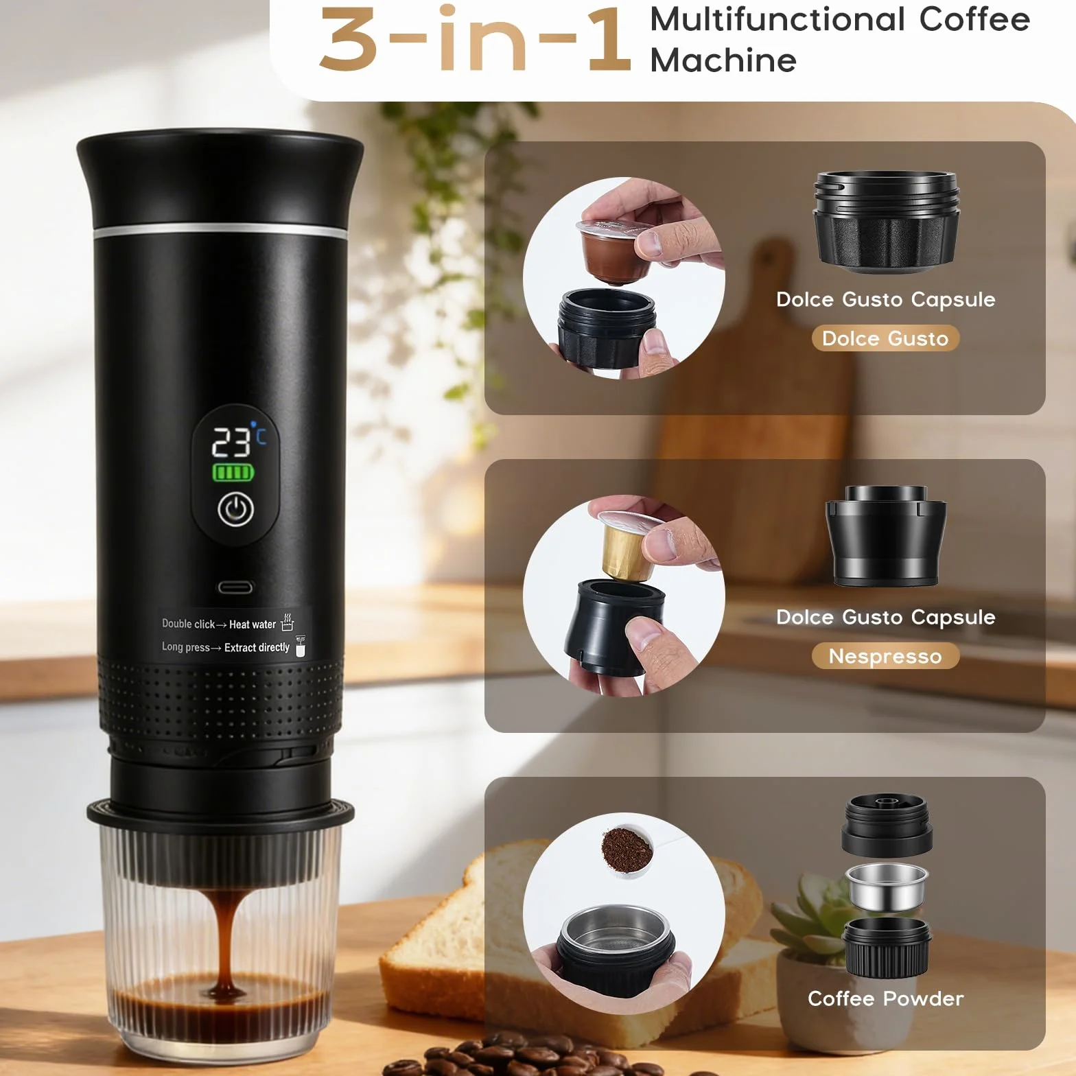 Cafetera Portatil Capsulas, Cafetera Portátil 20 Bar, 3 en 1 Cafetera Multicapsula y Molido, Maquina de Cafe, Cafetera Capsulas Portatil, Batería Recargable USB, Ideal Viajes, Camping, Oficina