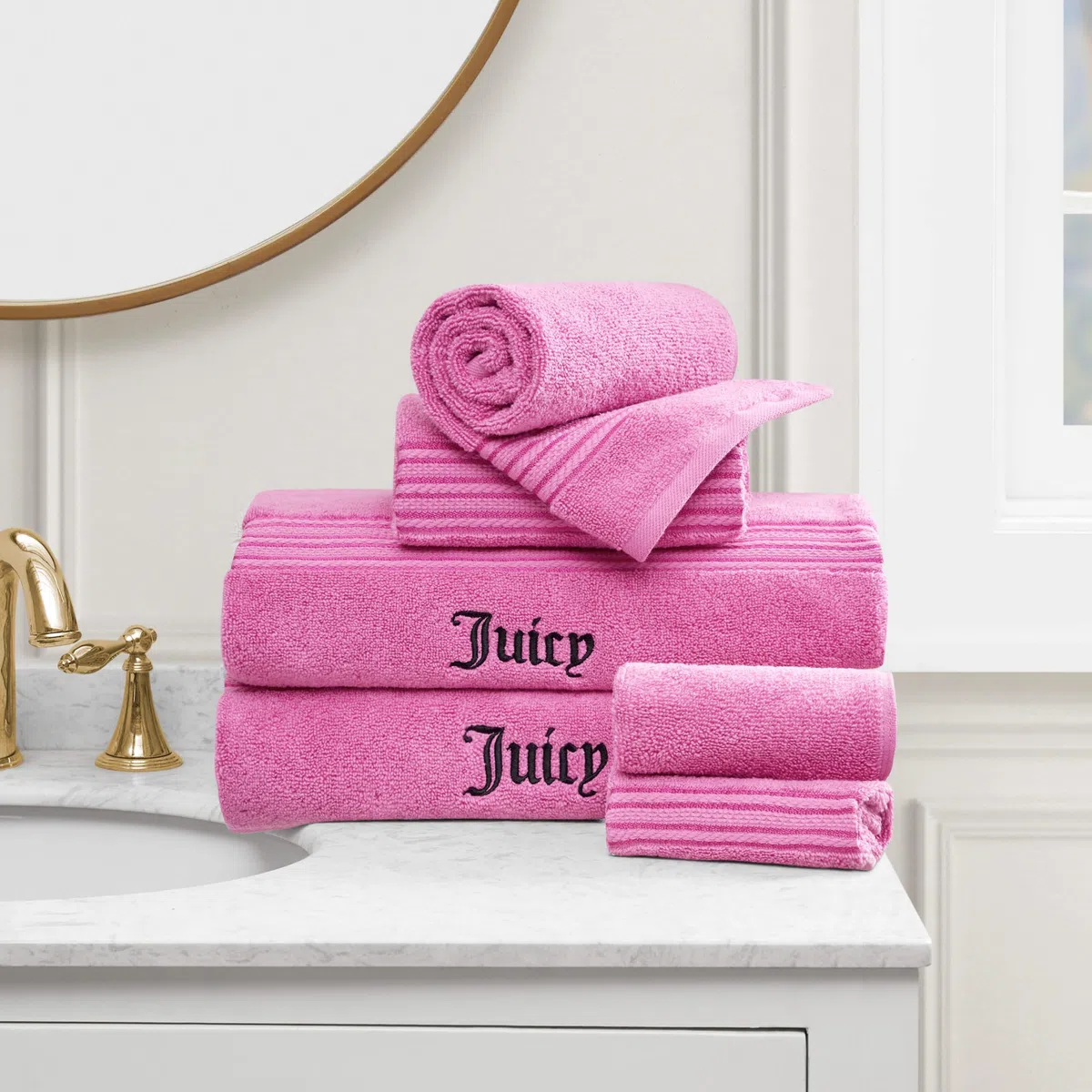 Juicy Couture Alyssa - Lujoso Juego de 6 Toallas de baño, (2) Toallas de baño, (2) Toallas de Mano y (2) paños de baño, Color Rosa Intenso