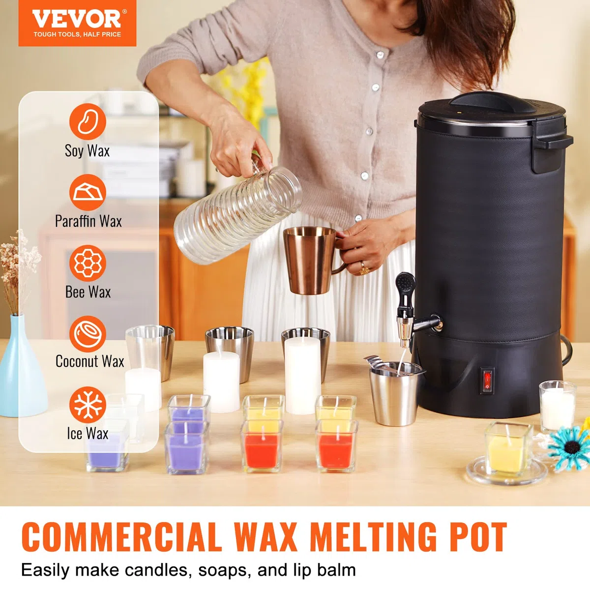 VEVOR Derretidor de cera para hacer velas, olla de fusión eléctrica extra grande de 10 litros con boquilla fácil de verter y control de temperatura de 9 niveles, fácil de limpiar para velas, jabón