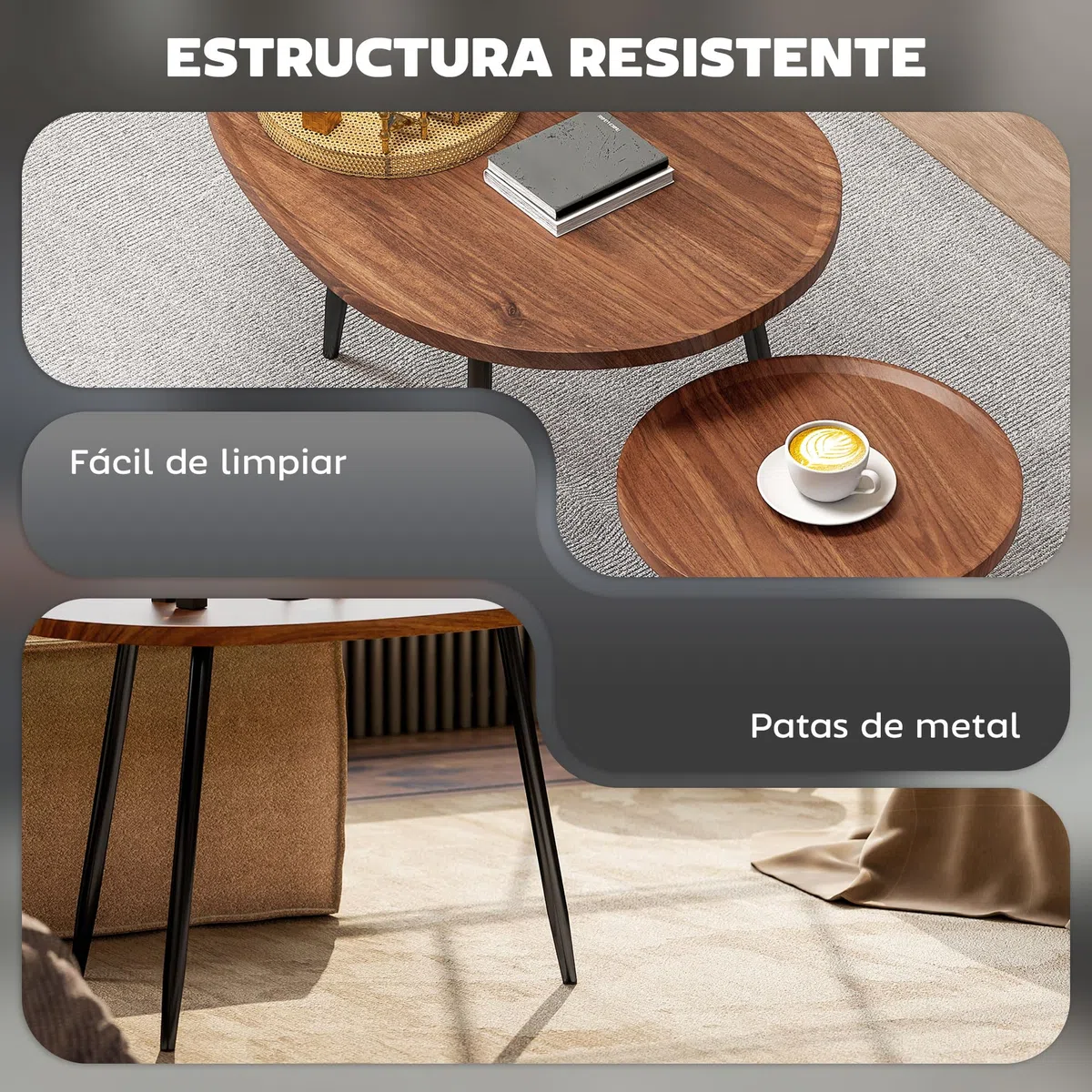 HOMCOM Juego de 2 Mesas Auxiliares Apilables Mesas Nido Mesitas de Café Estilo Moderno con Marco de Metal para Salón Dormitorio Oficina 80x55x49 cm y Ø40x39 cm Efecto Madera y Negro