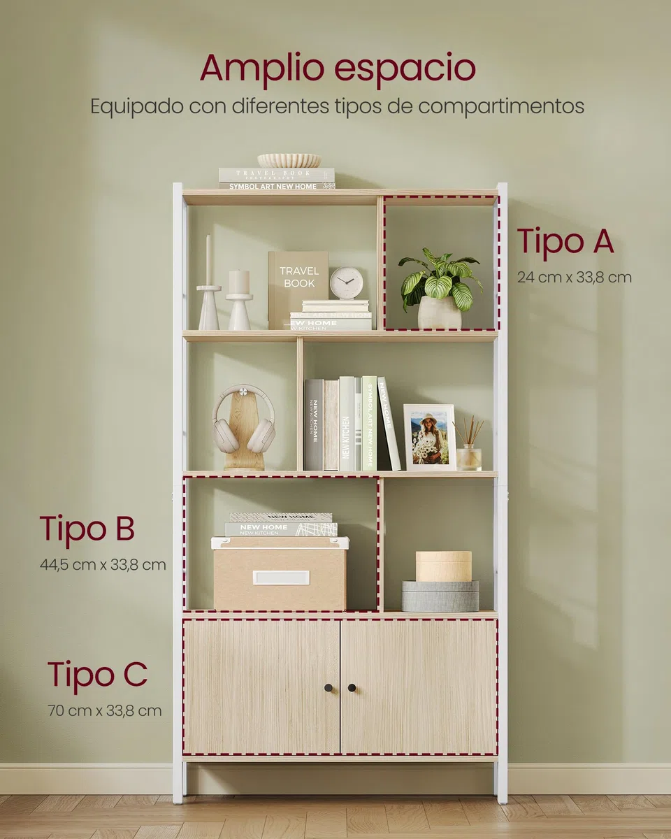 VASAGLE Biblioteca, Librería de 4 Niveles, Estantería con Puertas, Armario de Libros, Marco de Acero, para Salón, Estudio, Oficina, Cocina, Moderno, Beige Natural y Blanco Nube LBC022LL01