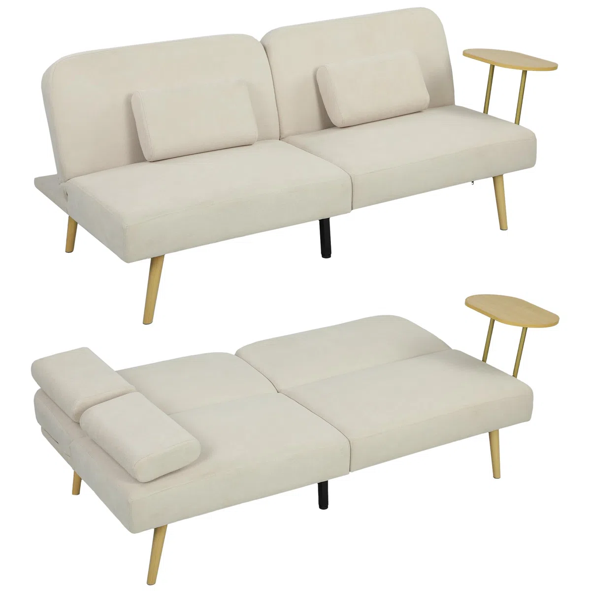 HOMCOM Sofá Cama de 3 Plazas con Mesa Auxiliar, 3 en 1, Sofá Cama Convertible con Respaldo Ajustable, Apertura Clik-Clak, 2 Almohadas para Reposabrazos y Patas de Metal, 196x86x81 cm, Beige